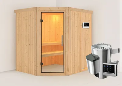 Produktbild von Karibu Sauna Innensauna Lilja Eckeinstieg Ofen 3,6 kW externe Strg.easy 196x170x198 cm ohne Dachkranz mit Klarglastür