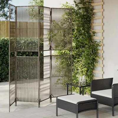 Obrázek produktu pro Paraván se 4 panely z polyratanu, šedé barvy, stylová přepážka pro zajištění soukromí