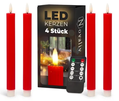 Produktbild von Stabkerzen LED mit Timer ROT 4 Stück ROT indoor - 6 Stunden - ECHTWACHS gerippt 23cm Höhe für Kerzen 2,2cm Durchmesser 2 AAA Batterien notwendig LED Stabkerzen flackernde Flamme bewegliche Flamme