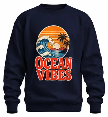 Zdjęcie produktu dla Ocean Vibes - Bluza z kapturem, motyw: fale, morze, wakacje, surfing, plaża, styl retro, lato, kolor granatowy, rozmiar XL
