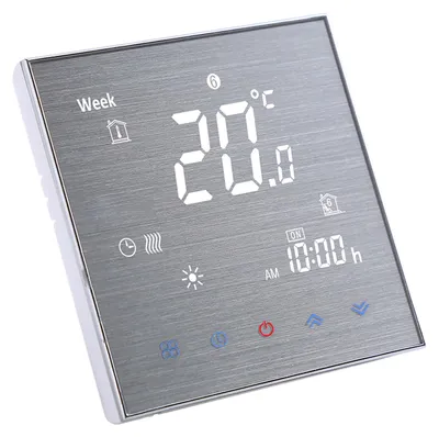 A digital thermostat with a brushed metal finish and a large LCD display.