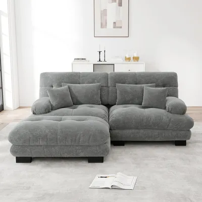 Produktbild von Cloud Ecksofa für Wohnzimmer, Chenille Doppelsofa mit 2 Lendenkissen und 2 Dekokissen, Polstersofa mit breiten Armlehnen und Ottoman, Chenille Grau