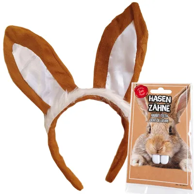 Brauner Haarreif mit langen weiß gefütterten Hasenohren neben der Originalverpackung der weißen Hasenzähne.