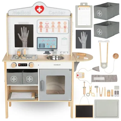 Produktbild von Mamabrum Holz-Arztpraxis XXL mit über 20 medizinischen Zubehörteilen, Empfangsfenster, Schrank mit Magnetverschluss, ab 3 Jahren, 83,9 x 33,2 x 105 cm