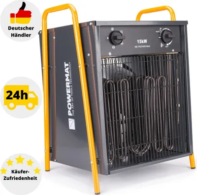 A gray electric heater with yellow handles and legs, shown from the front.