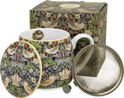 Produktbild von DUO ART GALLERY Fassbecher 430 ml STRAWBERRY THIEF BLUE mit Teesieb, New Bone China Porzellan