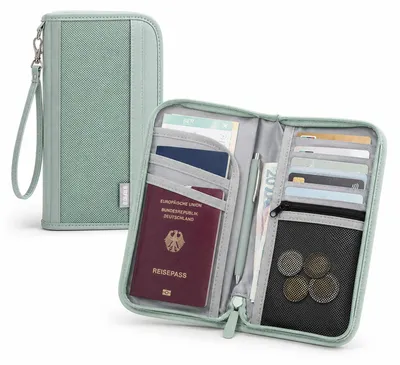 Produktbild von RFID Reiseorganizer für Reisepass Karten Bargeld mit Handschlaufe für Reisedokumente in Grün