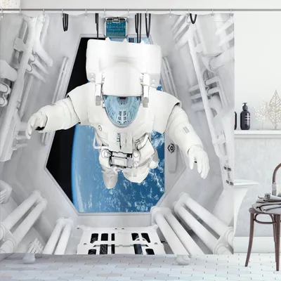 Image de Rideau de douche ABAKUHAUS Space, astronaute dans un vaisseau spatial, voyage cosmique, thème universel, 175 x 240 cm, blanc et bleu