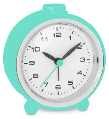 A close-up view of a turquoise analog alarm clock.