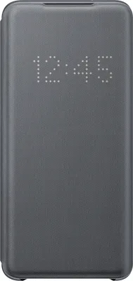 A gray Samsung S20 flip case with a digital clock displayed on the cover.