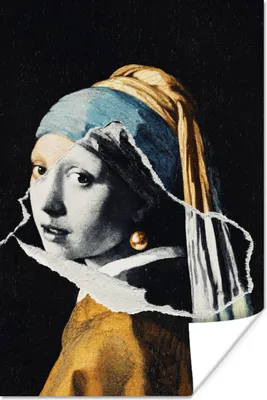 Produktbild von MuchoWow® Poster Mädchen mit Perlenohrring - Gold - Schwarz - Weiß 120x180 cm - Kunstposter