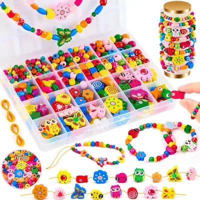 Immagine prodotto di Perline di legno da infilare per bambini dai 4 anni in su, perline colorate dell'arcobaleno da infilare, kit creativo con fiori