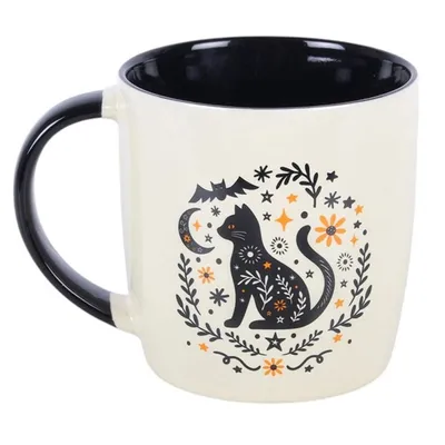 Produktbild von Tasse aus schwarzer Keramik, 370 ml, mit volksinspiriertem Katzen- und Blumenmotiv