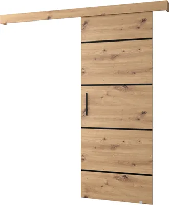 A sliding door with a wood grain finish and black accents, mounted on a track.
