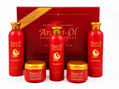 Produktbild von ARGAN-ÖL PFLEGESET 5-tlg. 1000ml Körperpflege Set 1L Shampoo Duschgel Bodylotion Tagescreme Nachtcreme Creme Geschenkbox Geschenkbox Körper Pflege 99