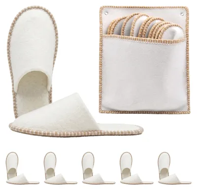 Productafbeelding van Relaxdays gastenslippers, set van 6 paar, met opbergzak, maten 36-45, wollen slippers, antislipzool, beige