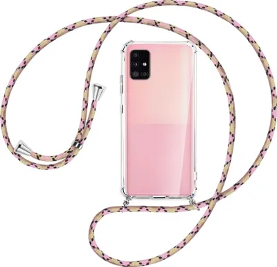Produktbild von Handykette Backcover-Schutzhülle mit Band (Metall silberfarben) für Samsung Galaxy A51 5G (A516) - rosa Karo