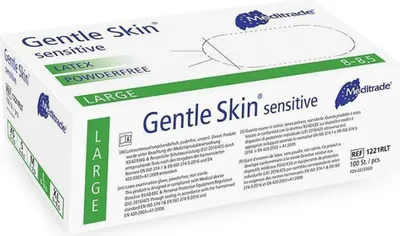 A box of Meditrade Gentle Skin sensitive latex examination gloves.