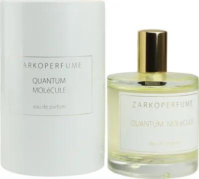 A perfume bottle and its cylindrical packaging are shown against a white background.