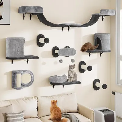 Produktbild von Stabiler Kletterwand Katzen Set aus Flanell, Katzenmöbel mit Katzenhaus, Katzenkratzbrett, Katzenhängebrücke, Katzenbett, Sisalsäule für Katze Schlafen Spielen Lounging
