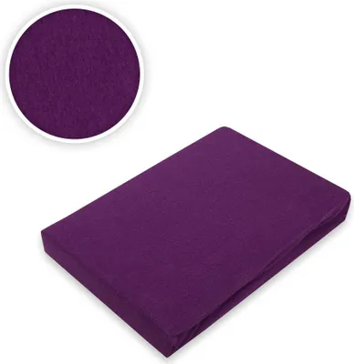 A purple fitted sheet is shown on a white background, with a close-up inset of the fabric texture.