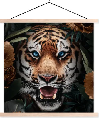 Produktbild von MuchoWow® Textilposter Tiger - Blatt - Blumen 60x60 cm mit holzfarbenen Rahmen - Wanddekoration