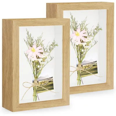 Obrázek produktu pro 3D rámečky na fotografie, rozměr 10 x 15 cm, sada 2 kusů, hluboký rámeček pro vystavení objektů, sklo, barva dřeva
