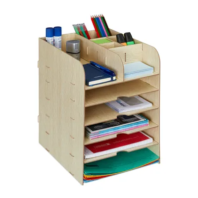 Produktbild von Relaxdays Schreibtisch Organizer mit Dokumentenablage, 12 Fächer, HBT: 34,5 x 25 x 32 cm, Büroorganizer MDF, hellbraun