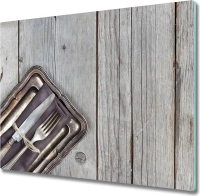 Produktbild von Glas Herdabdeckplatte 60x52 cm Spritzschutz Glasabdeckplatte Schneidebrett Besteck auf Brettern
