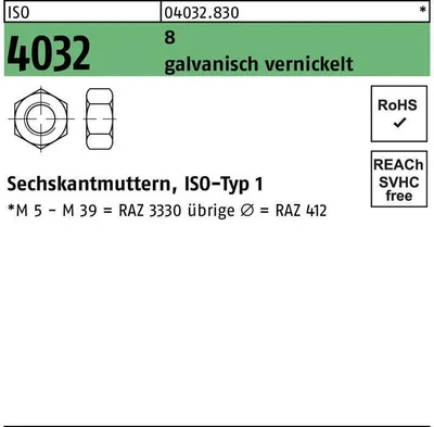 Produktbild von Sechskantmutter ISO 4032 M 10 8 galvanisch vernickelt