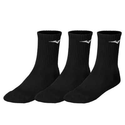 Three black crew socks with a white logo on each.