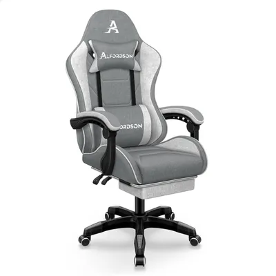 Zdjęcie produktu dla Krzesło biurowe ALFORDSON, krzesło gamingowe z funkcją masażu, ergonomiczne krzesło dla graczy z podnóżkiem, podgłówkiem i poduszką masującą w odcinku lędźwiowym, tapicerowane, jasnoszare