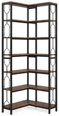 Image de Bibliothèque d'angle - Bibliothèque d'angle à 7 étagères - Grande bibliothèque sur pieds 60 x 60 x 200 cm - Étagères en bois avec structure métallique - Style moderne - Marron Brown 02