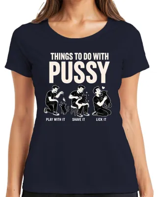 Produktbild von Things To Do With Pussy Lustig Katze Black Cat Statement Sarkasmus Damen T-Shirt, Navy, S