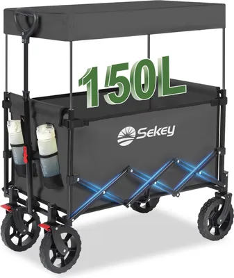 Produktbild von Sekey Bollerwagen mit Dach, Handwagen bis 150 kg belastbar, Transportkarre, Gerätewagen, Grau