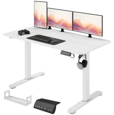 Obrázek produktu pro Psací stůl - Elektricky výškově nastavitelný počítačový stůl - 140 x 70 cm - 4 paměťové pozice - Ergonomický stůl s možností sezení i stání - Háčky - Bílá barva