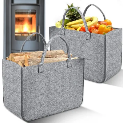 Productafbeelding van 2 stuks vilten tas voor hout, grijs, 50x30x35 cm, opvouwbaar