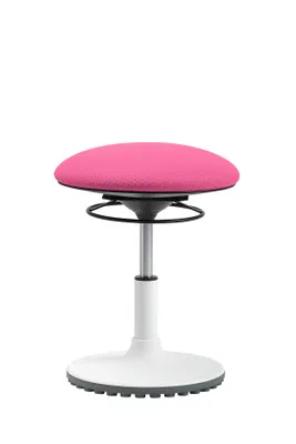 A pink, adjustable height stool with a round seat and a white base.