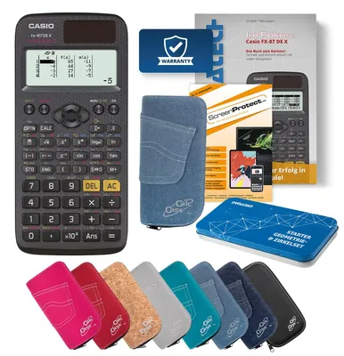 Produktbild von Casio FX-87 DE X Taschenrechner Tasche hellblau, Folie, Fachbuch & Zirkel Set