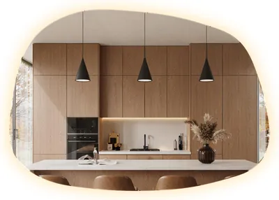 Produktbild von XXL LED Designspiegel Organische Form – 90,9 x 66 cm – Asymmetrischer Badspiegel Ohne Rahmen Mit Beleuchtung Warmweiß 3000K