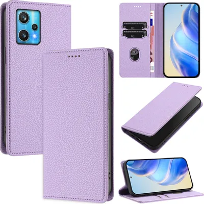Produktbild von Litchi Leder Handyhülle für Realme 9 Pro+/Realme 9 4G/Narzo 50 Pro Wallet Kartenfächer Standfunktion Hülle Violett