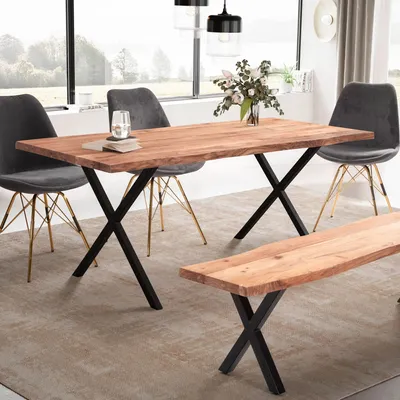 Produktbild von FineBuy Esszimmertisch 120cm rechteckig Massivholz Akazie Baumkante Industrial Esstisch Baumstamm Massiv Küchentisch Baumkantentisch X-Gestell Schwarz