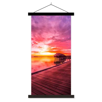 Produktbild von MuchoWow® Textilposter Steg - Wasser - Sonne - Rosa - Horizont 60x120 cm mit schwarzem Rahmen - Magnete