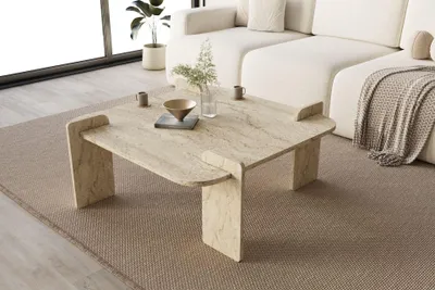 Obrázok produktu pre Skye Decor, moderný konferenčný stolík z travertínu, 90 x 35 x 90 cm | 100 % melamínom potiahnutá drevotriesková doska | Dodávaný v rozloženom stave, ideálny do štýlových obývacích a pracovných priestorov, elegantný a funkčný.
