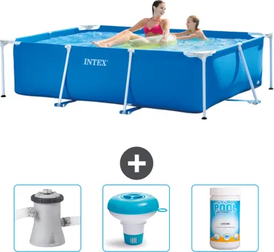 Obrázok produktu pre Bazén Intex s obdĺžnikovým rámom - 220 x 150 x 60 cm - Modrý - Súčasťou dodávky je filtračné čerpadlo pre bazén - Chlórový plavák - Chlór