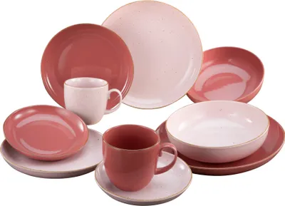 A collection of dinnerware items, including plates, bowls, and mugs, arranged on a white background.