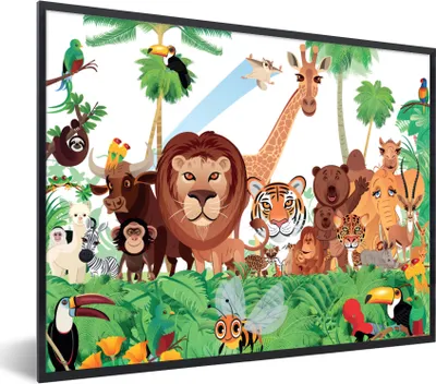 Produktbild von MuchoWow® Gerahmtes Poster Wilde Tiere - Dschungel - Löwe - Tiger - Mädchen - Kinder - Jungen 80x60 cm - Poster mit Schwarzem Bilderrahmen Wandposter Rahmen Foto Bilder - Schwarzem - Mit Gestell