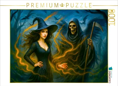 Produktbild von CALVENDO Puzzle Kräuterhexe mit Gevatter Tod | 1000 Teile Lege-Größe 64x48cm Foto-Puzzle für glückliche Stunden