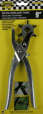 A product package for a revolving punch plier, showing the tool and some descriptive text and images.