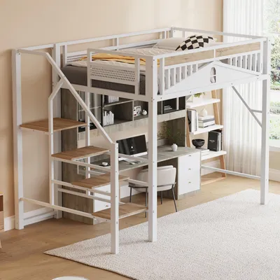 Produktbild von Metall-Hochbett 140 x 200 cm, Einzigartige Gehäuseform mit Fensterdesign, Mit Sicherheitsleiter, Viel Stauraum Unter Dem Bett, Weiß